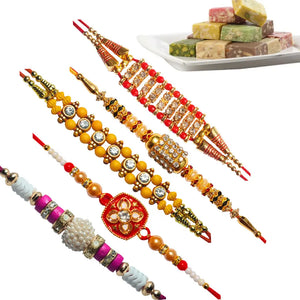 5 Rakhi - AD Pearls and Beads Rakhi Set And Indian Sweets