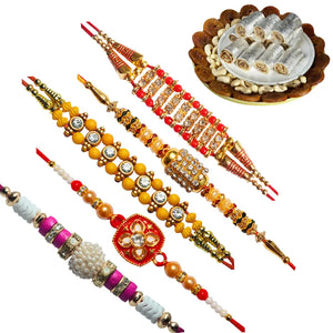 5 Rakhi - AD Pearls and Beads Rakhi Set And Indian Sweets