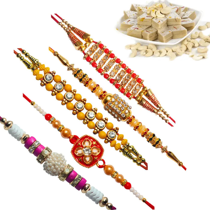 5 Rakhi - AD Pearls and Beads Rakhi Set And Indian Sweets