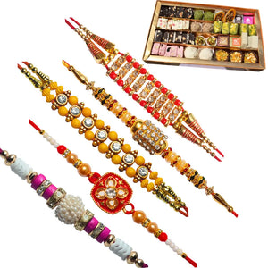 5 Rakhi - AD Pearls and Beads Rakhi Set And Indian Sweets