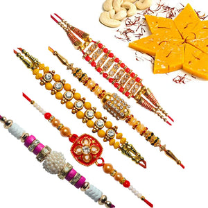 5 Rakhi - AD Pearls and Beads Rakhi Set And Indian Sweets