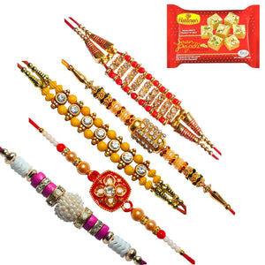 5 Rakhi - AD Pearls and Beads Rakhi Set And Indian Sweets