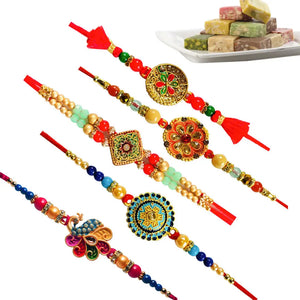 5 Rakhi - Beautiful Fancy Rakhi Set With Indian Sweets