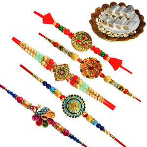5 Rakhi - Beautiful Fancy Rakhi Set With Indian Sweets