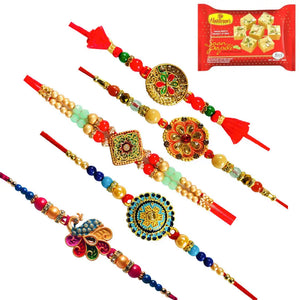 5 Rakhi - Beautiful Fancy Rakhi Set With Indian Sweets