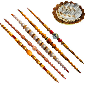 5 Rakhi - Beautiful Pearls Rudraksh and Beads Rakhi With Indian Sweets