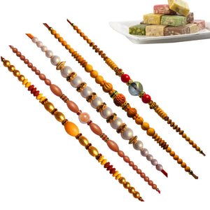 5 Rakhi - Beautiful Pearls Rudraksh and Beads Rakhi With Indian Sweets