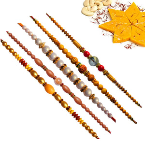 5 Rakhi - Beautiful Pearls Rudraksh and Beads Rakhi With Indian Sweets