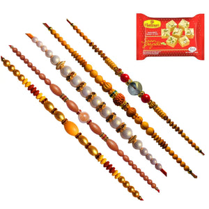5 Rakhi - Beautiful Pearls Rudraksh and Beads Rakhi With Indian Sweets