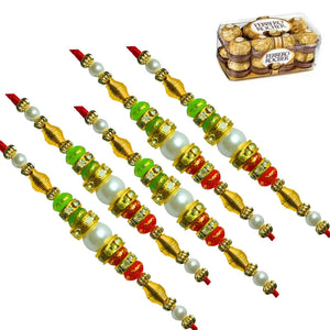 5 Rakhi - Double Line Pearls and Beads Rakhi With Chocolates