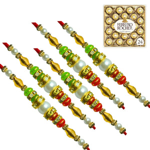 5 Rakhi - Double Line Pearls and Beads Rakhi With Chocolates