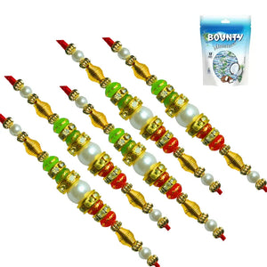 5 Rakhi - Double Line Pearls and Beads Rakhi With Chocolates