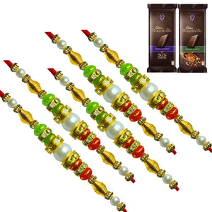 5 Rakhi - Double Line Pearls and Beads Rakhi With Chocolates