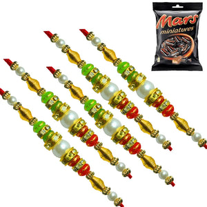 5 Rakhi - Double Line Pearls and Beads Rakhi With Chocolates