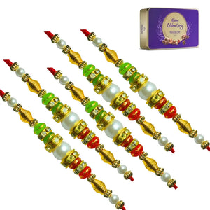 5 Rakhi - Double Line Pearls and Beads Rakhi With Chocolates
