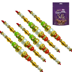 5 Rakhi - Double Line Pearls and Beads Rakhi With Chocolates