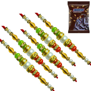 5 Rakhi - Double Line Pearls and Beads Rakhi With Chocolates