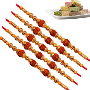 5 Rakhi - Rudraksh Rakhi Set With Indian Sweets
