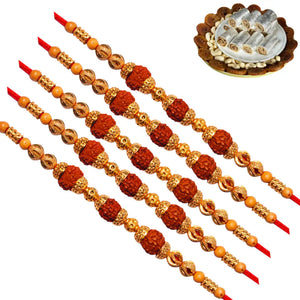 5 Rakhi - Rudraksh Rakhi Set With Indian Sweets