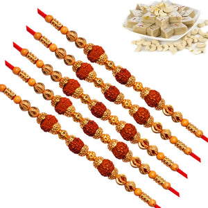 5 Rakhi - Rudraksh Rakhi Set With Indian Sweets
