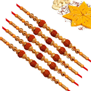 5 Rakhi - Rudraksh Rakhi Set With Indian Sweets