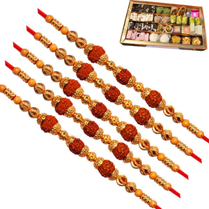 5 Rakhi - Rudraksh Rakhi Set With Indian Sweets