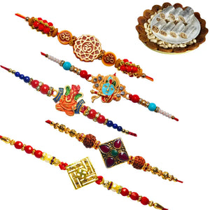 5 Rakhi - Krishna, Ganeshji, OM, Swastik and Fancy Rakhi With Indian Sweets