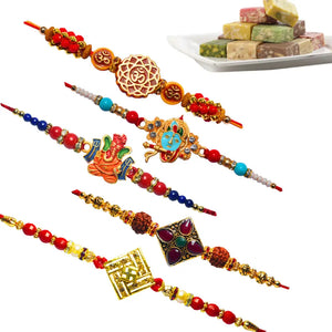 5 Rakhi - Krishna, Ganeshji, OM, Swastik and Fancy Rakhi With Indian Sweets