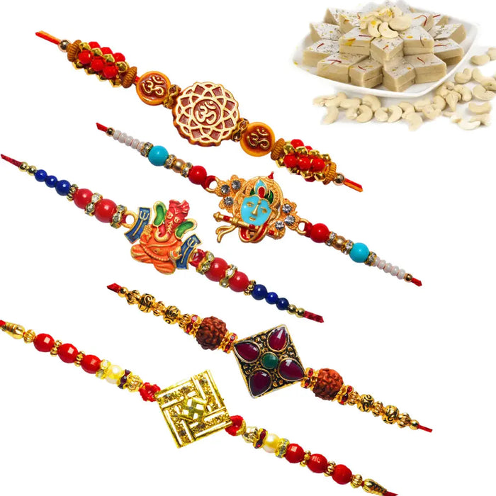 5 Rakhi - Krishna, Ganeshji, OM, Swastik and Fancy Rakhi With Indian Sweets