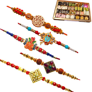 5 Rakhi - Krishna, Ganeshji, OM, Swastik and Fancy Rakhi With Indian Sweets