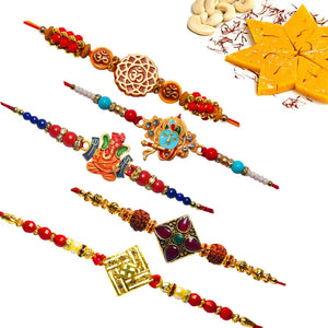 5 Rakhi - Krishna, Ganeshji, OM, Swastik and Fancy Rakhi With Indian Sweets