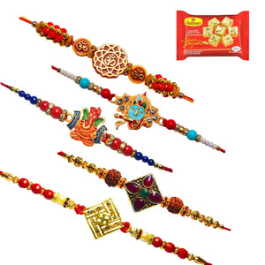 5 Rakhi - Krishna, Ganeshji, OM, Swastik and Fancy Rakhi With Indian Sweets
