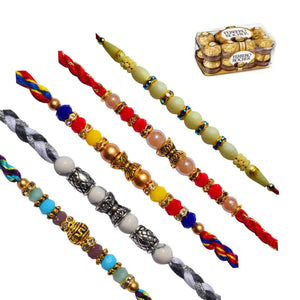 5 Rakhi - Lovely Set of Crystal Rakhi Set With Chocolate Box