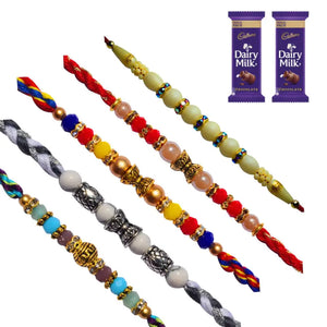 5 Rakhi - Lovely Set of Crystal Rakhi Set With Chocolate Box