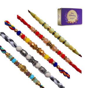5 Rakhi - Lovely Set of Crystal Rakhi Set With Chocolate Box