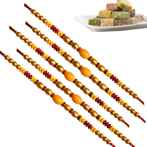 5 Rakhi - Pearl Rakhi Set With Indian Sweets