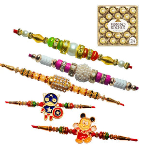 5 Rakhi - Pearls Rakhis And Kids Rakhis With Chocolate Pack