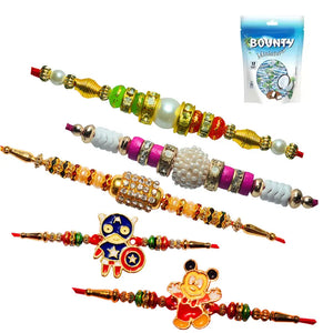 5 Rakhi - Pearls Rakhis And Kids Rakhis With Chocolate Pack