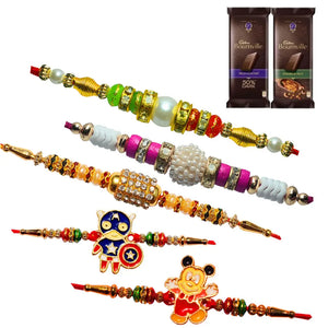 5 Rakhi - Pearls Rakhis And Kids Rakhis With Chocolate Pack