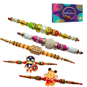 5 Rakhi - Pearls Rakhis And Kids Rakhis With Chocolate Pack
