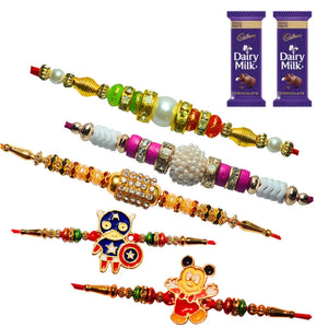 5 Rakhi - Pearls Rakhis And Kids Rakhis With Chocolate Pack