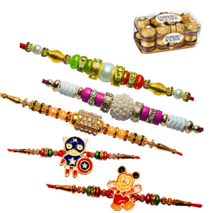 5 Rakhi - Pearls Rakhis And Kids Rakhis With Chocolate Pack