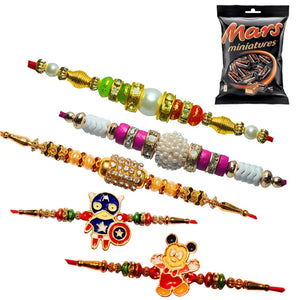 5 Rakhi - Pearls Rakhis And Kids Rakhis With Chocolate Pack