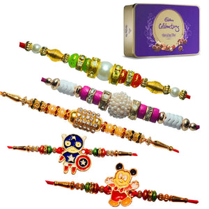5 Rakhi - Pearls Rakhis And Kids Rakhis With Chocolate Pack