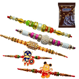 5 Rakhi - Pearls Rakhis And Kids Rakhis With Chocolate Pack