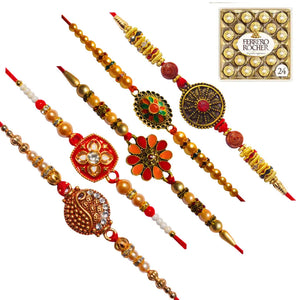 5 Rakhi - Pearls and Beads Rakhis With Chocolate Box