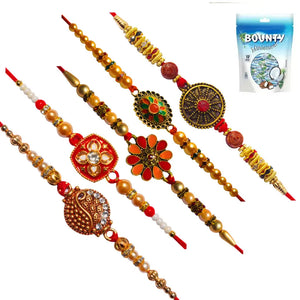 5 Rakhi - Pearls and Beads Rakhis With Chocolate Box