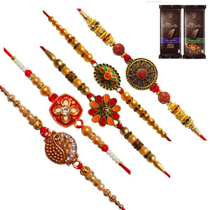 5 Rakhi - Pearls and Beads Rakhis With Chocolate Box