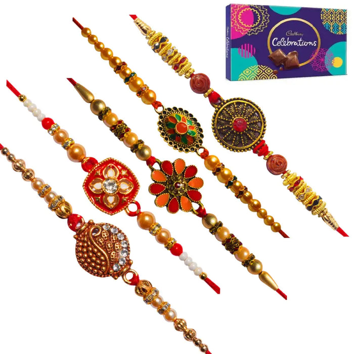 5 Rakhi - Pearls and Beads Rakhis With Chocolate Box