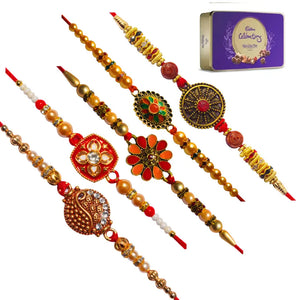 5 Rakhi - Pearls and Beads Rakhis With Chocolate Box